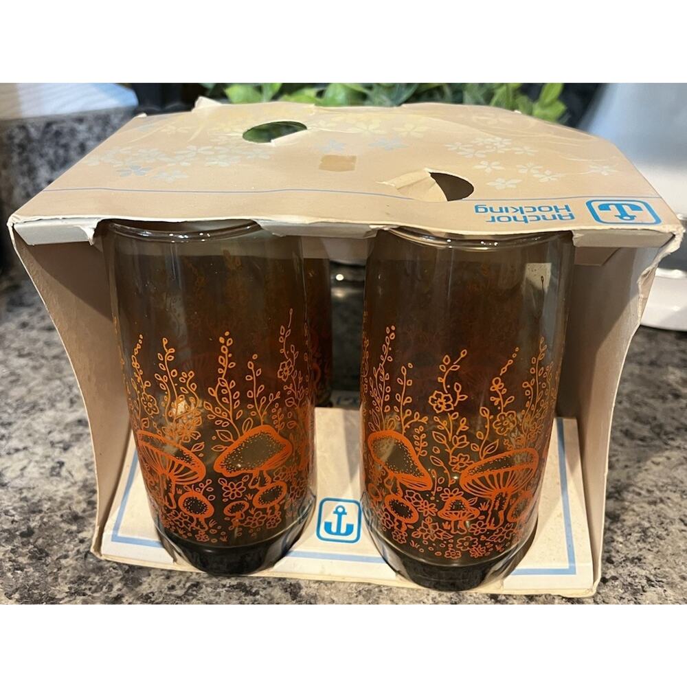 Vintage Anchor Hocking Glasses Orange Mushroom Garden 6” Tall 16 oz Set 4 NOS - Picture 4 of 12